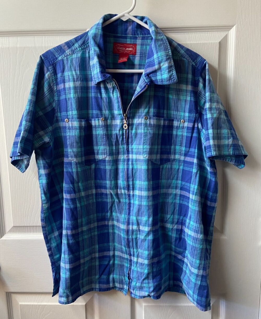 Venezia Jeans Zip Front Shirt Womans Plus Size 18/20  Blue Plaid Short Sleeve